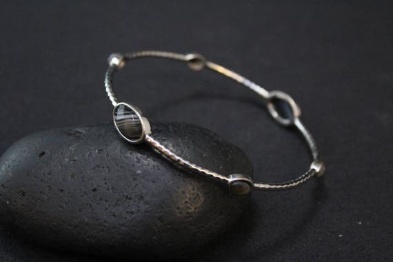 Sterling Silver and Agate Gemstone Bangle Bracele… - image 1