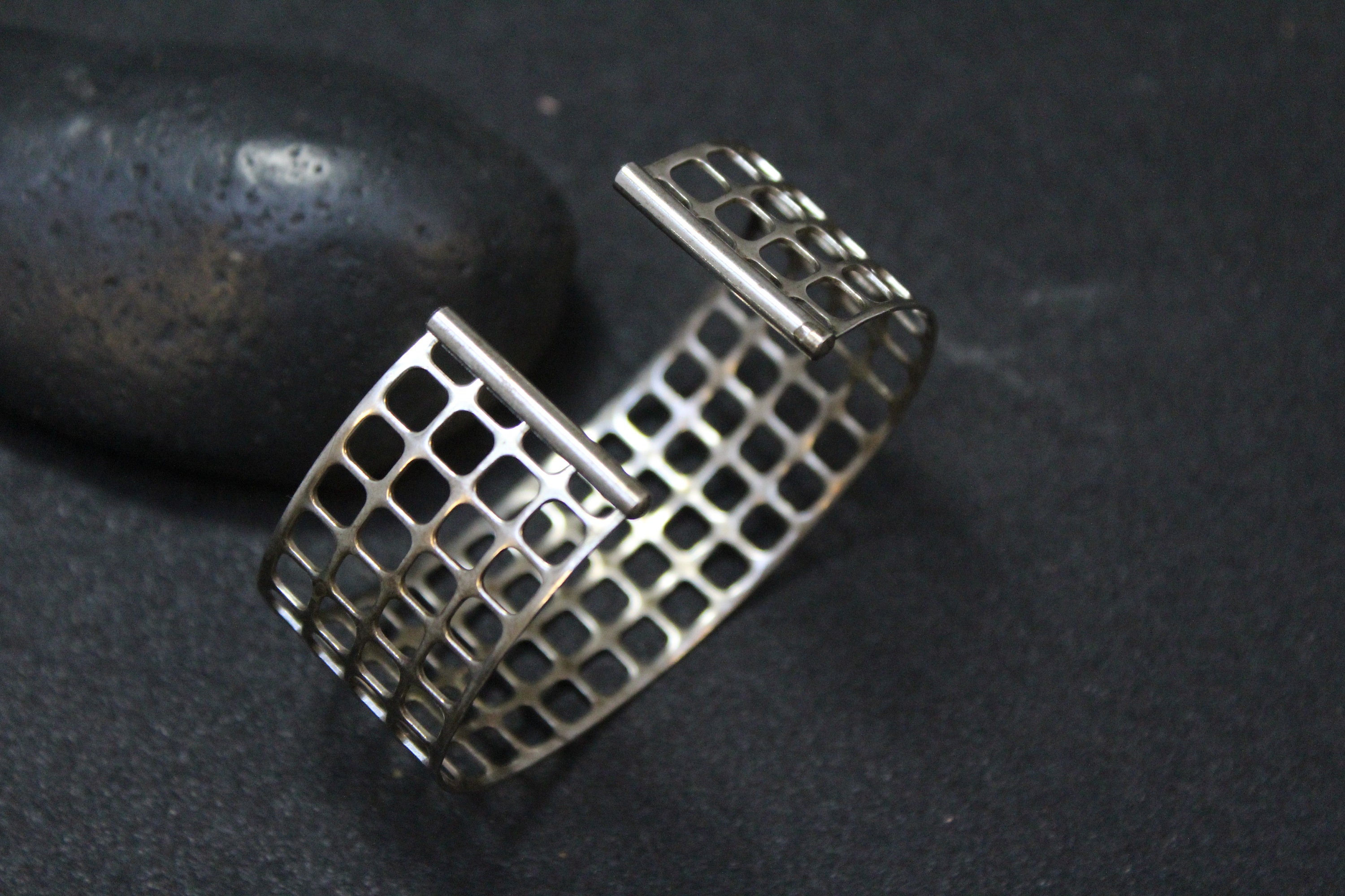 Sterling Silver Mesh Cuff Bracelet, Geometric Sterling Silver Cuff, Modernist Silver Jewelry