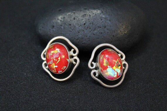 Sterling Silver Red Simulated Opal Earrings, Red … - image 3