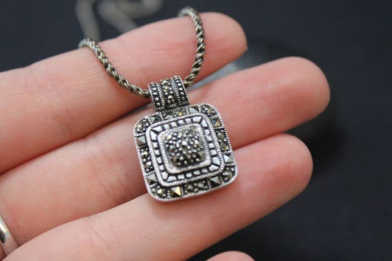 Sterling Silver Art Deco Square Marcasite Necklac… - image 4