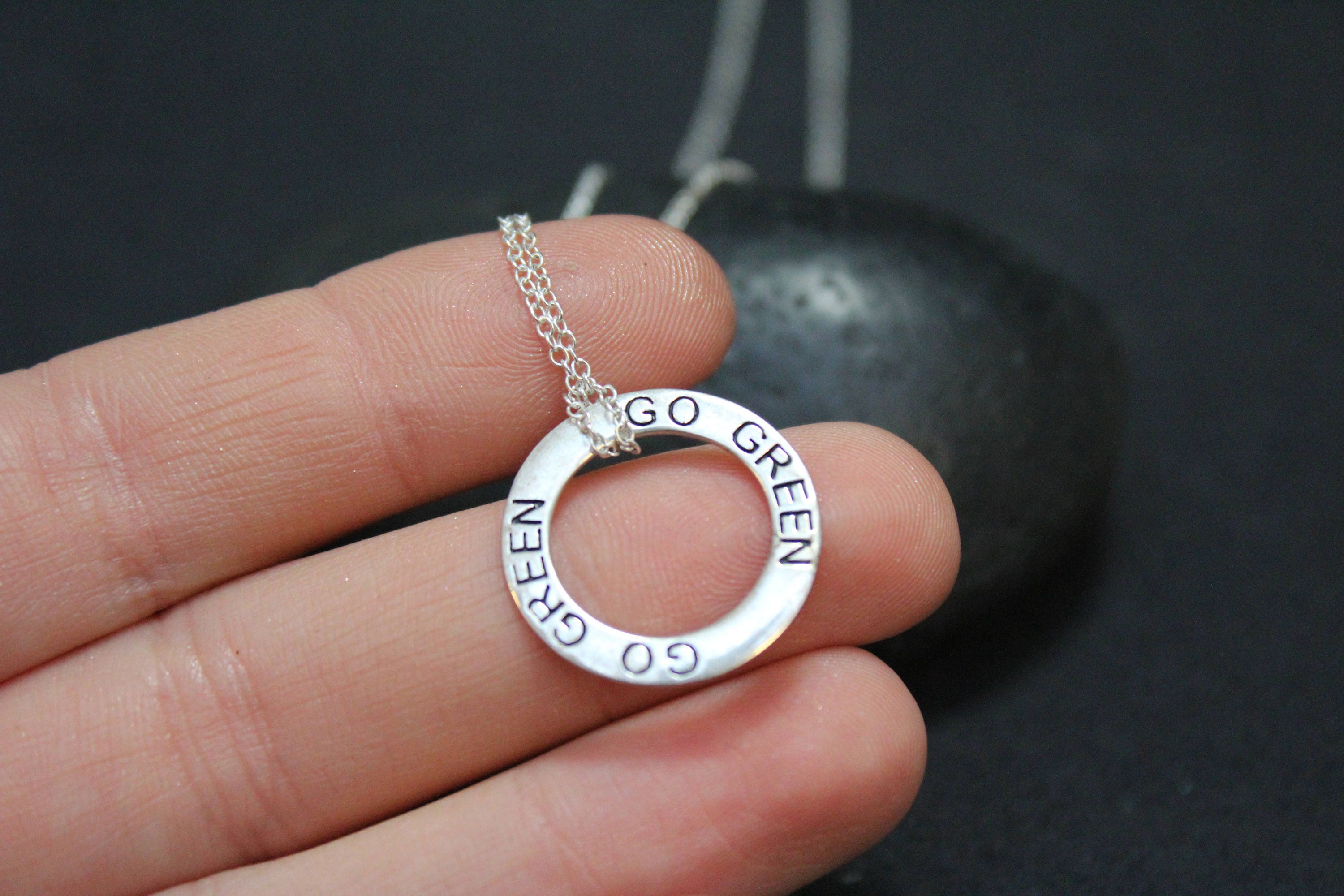 Sterling Silver Go Green Circle Necklace, Go Green Pendant, Environmental Awareness Jewelry