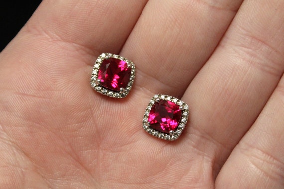Sterling Silver Lab Created Ruby and CZ Halo Stud… - image 7