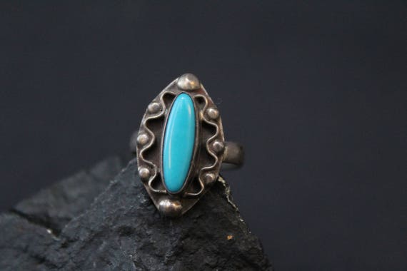 Sterling Silver Faux Turquoise Ring with Wavy Bor… - image 2