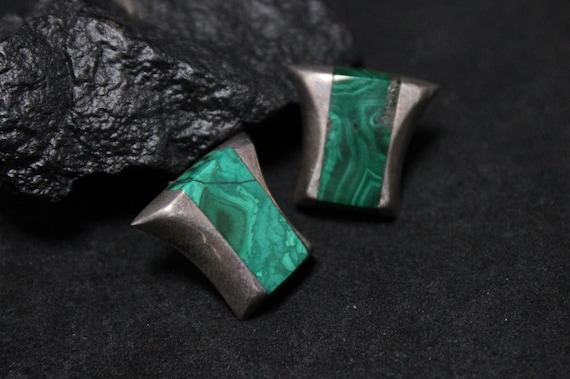 Sterling Silver Signed Vintage Taxco Malachite Modernist Stud Earrings, Vintage Sterling Taxco Jewelry, Sterling Silver Malachite Jewelry