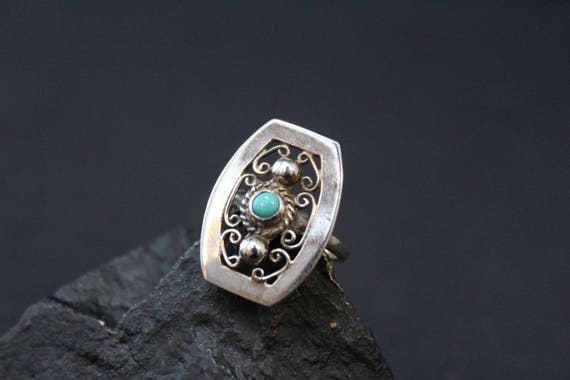 Sterling Silver and Turquoise Filigree Ring, Turquoise Filigree Jewelry, Sterling Filigree Ring, Antique Sterling Silver Turquoise Ring