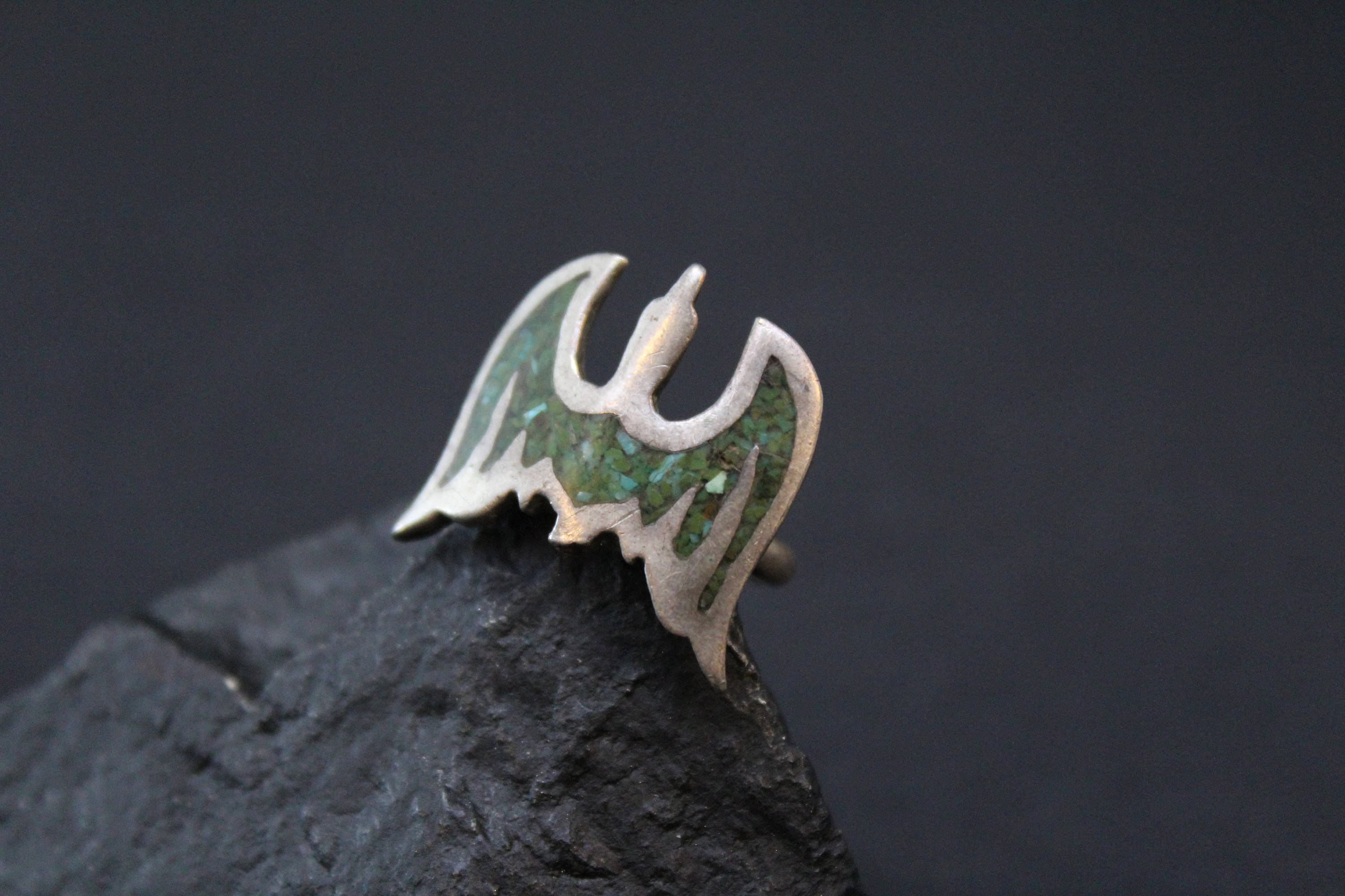 Sterling Silver Old Pawn Thunderbird Ring, Old Pawn Crushed Turquoise