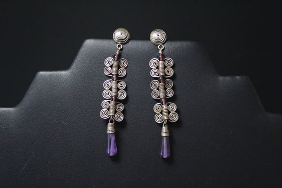 Sterling Silver Boho Beaded Amethyst Dangle Earrings, Sterling Amethyst Earrings, Sterling Swirl Dangle Earrings, Boho Sterling Earrings
