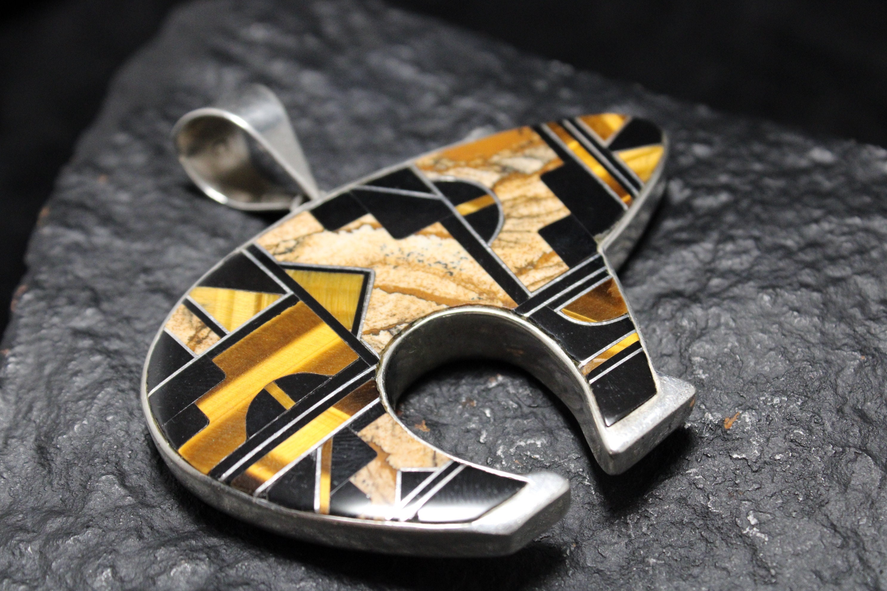 Sterling Silver Navajo Bear Pendant, Tigers Eye Jasper Onyx Stone Inlay ...