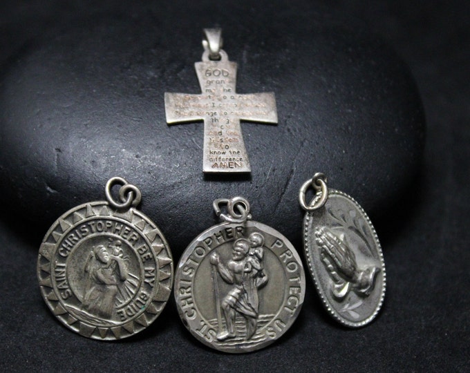 Set of 4 Sterling Silver Religious Charms with Lord's Prayer Cross, Saint Christopher, and Praying Hands, Sterling Silver Catholic Charms