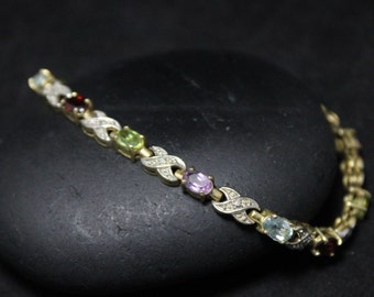 Silver with Gold Overlay Multigem Link Bracelet with Garnet Amethyst Peridot Topaz, Mulitgem Tennis Bracelet, Gold Tennis Bracelet,