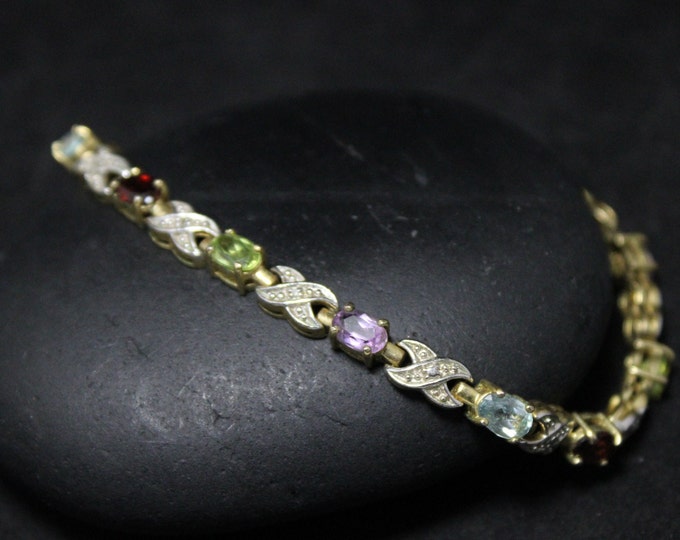 Silver with Gold Overlay Multigem Link Bracelet with Garnet Amethyst Peridot Topaz, Mulitgem Tennis Bracelet, Gold Tennis Bracelet,