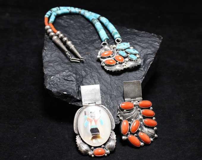 OUTSTANDING RARE Anna Begay Beaded Turquoise and Coral Enhancer Necklace With Mother Of Pearl Inlay Dancer Pendant Signed