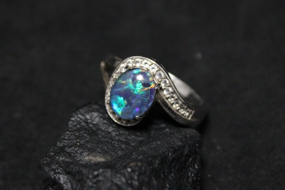 Sterling Silver Opal Triplet and CZ Accented Halo… - image 1