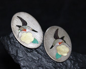 Sterling Silver Signed Ophie B Joe Hummingbird Inlay Earrings With Mother Of Pearl Coral Turquoise Onyx Inlay, Southwest Stone Inlay