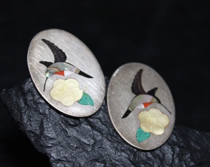 Sterling Silver Signed Ophie B Joe Hummingbird Inlay Earrings With Mother Of Pearl Coral Turquoise Onyx Inlay, Southwest Stone Inlay