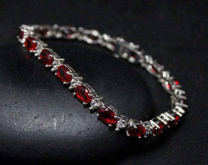 Sterling Silver Red Garnet and CZ Tennis Bracelet, Garnet Bracelet, Red Gemstone Bracelet, Garnet Sterling Jewelry, , January Birthstone