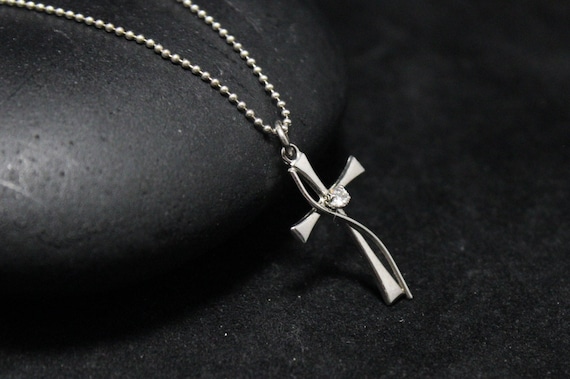 Simple Sterling Silver CZ Cross Necklace, Dainty … - image 1