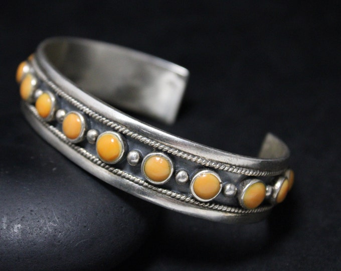 Sterling Silver and Orange Gemstone Heavy Cuff Bracelet With Granulation And Rope Boarder, Vintage Sterling Heavy Cuff, Orange Gem Jewelry