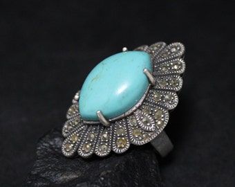 Sterling Silver Turquoise and Marcasite Art Deco Style Cocktail Ring, Sterling Silver Turquoise Jewelry, Sterling Silver Marcasite Jewelry