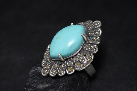 Sterling Silver Turquoise and Marcasite Art Deco Style Cocktail Ring, Sterling Silver Turquoise Jewelry, Sterling Silver Marcasite Jewelry
