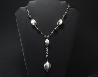 Sterling Silver and Hematite Beaded Plunge Necklace, Long Sterling Silver Drop Necklace, Sterling Silver Beaded Jewelry, Silver and Gray