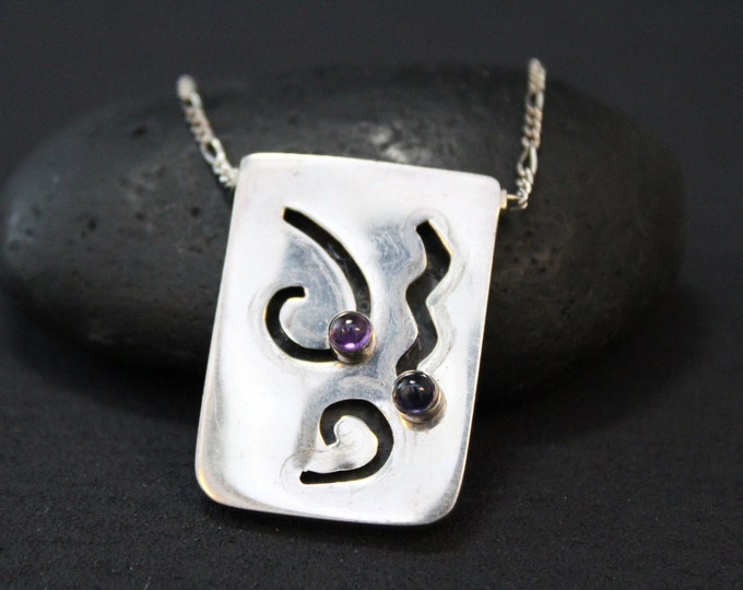 Modernist Gemstone Necklace, Sterling Swirl Pendant, Silver Amethyst, Unique Sterling Jewelry, Moving Pendant, Gemstone Slide Necklace