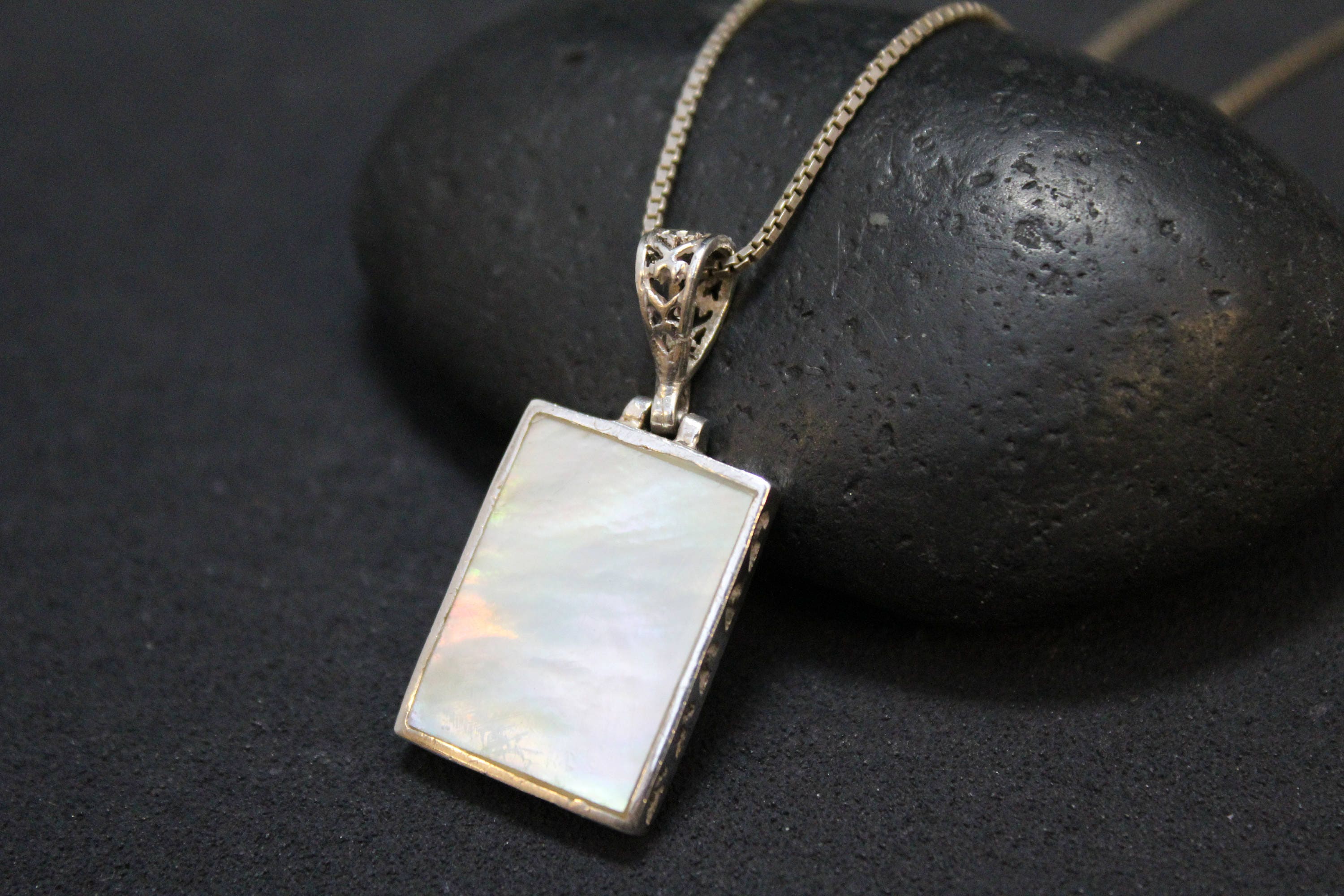 Sterling Silver Rectangular Mother of Pearl Necklace, Mother of Pearl