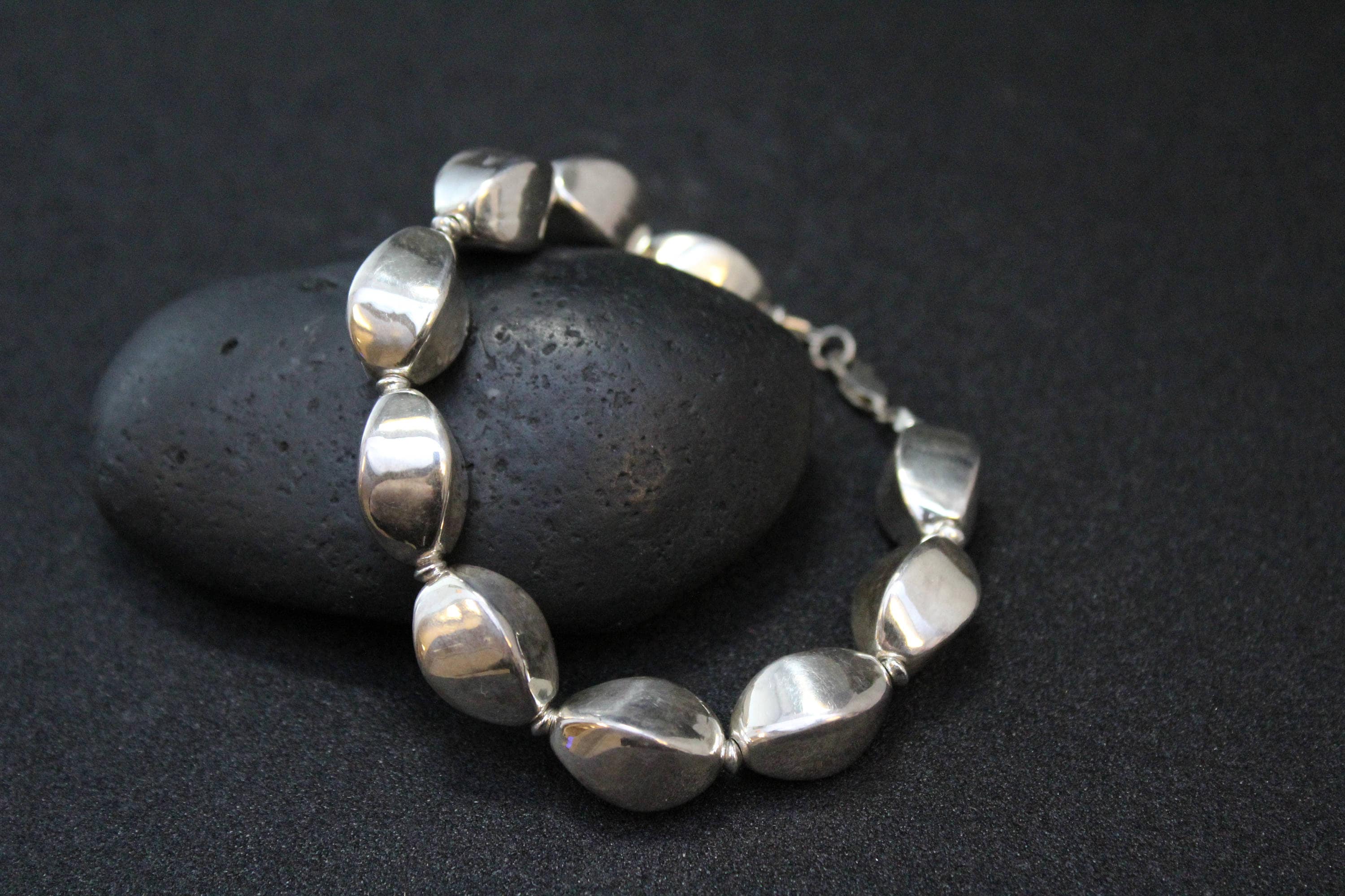 Sterling Silver Modern Hollow Link bracelet, Sterling Beaded Bracelet