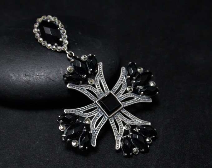 Sterling Silver and Marcasite Cross Pendant, Black Stone Jewelry, Silver Marcasite Cross Necklace, Marcasite Jewelry, Cross Pendant