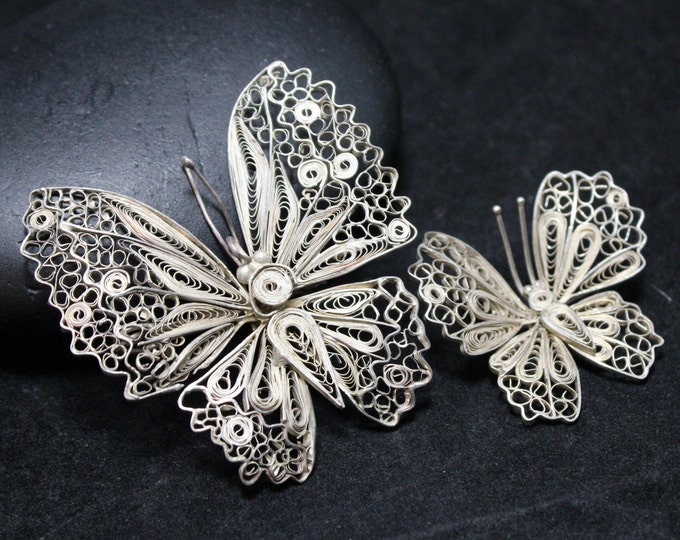 Set of 2 Gorgeous Vintage Filigree Sterling Silver Filigree Butterfly Brooch Pin, Silver Butterfly Brooch, Silver Butterfly Jewelry