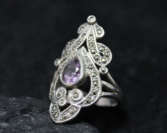 Sterling Silver Filigree Art Deco Amethyst and Marcasite Cocktail Ring, Amethyst Statement Ring, Vintage Silver Ring, February Birthday Gift