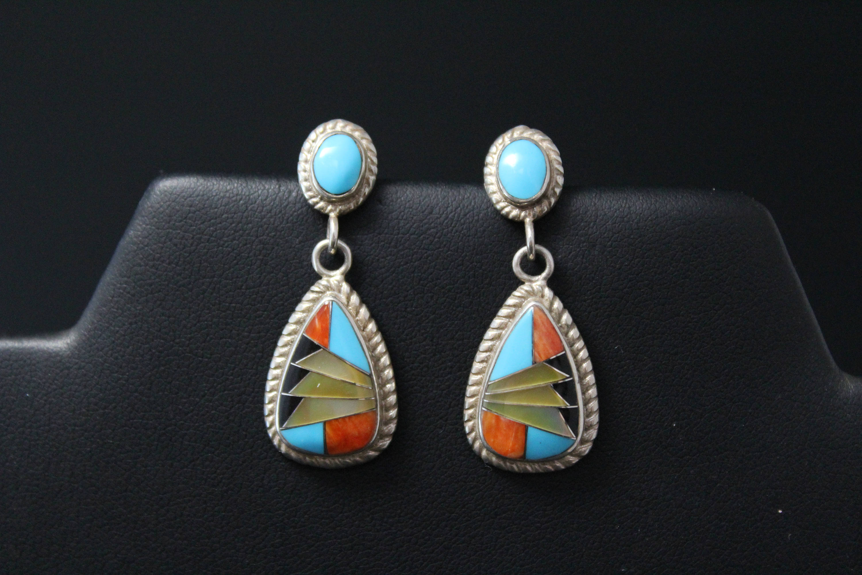 Sterling Silver Native American Inlay Dangle Earrings, Turquoise Inlay