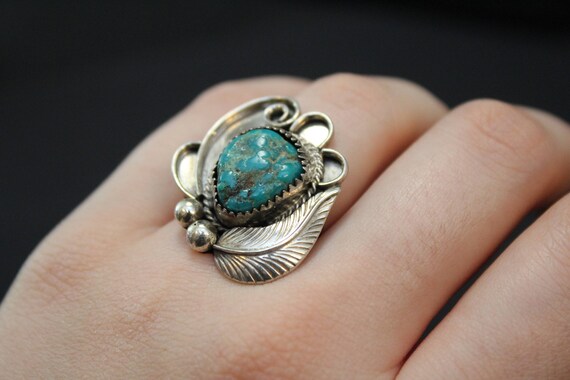 Sterling Silver Statement Ring,  Turquoise Leaf R… - image 6