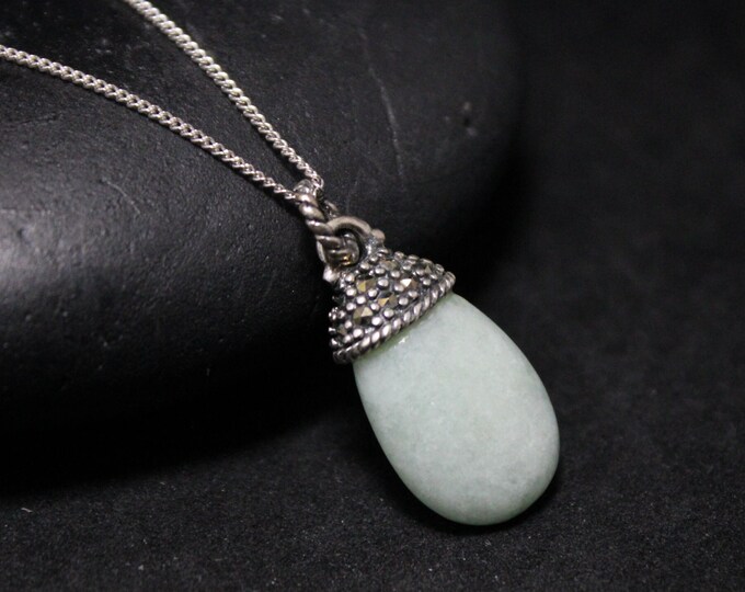 Sterling Silver Green Jade & Marcasite Teardrop Necklace 18 Inches, Sterling Silver Jade Jewelry, Green Gemstone Pendant, Sterling Marcasite