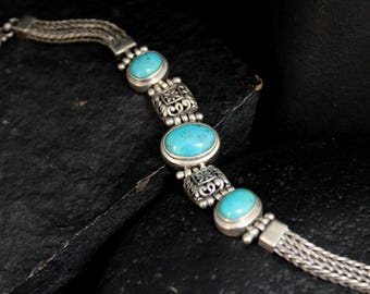 Vintage Sterling Silver Blue Stone Wheat Chain Bracelet, VTG 925 Southwestern Blue Gem Cabochon Unique Toggle Clasp Bracelet, 8.25 inches