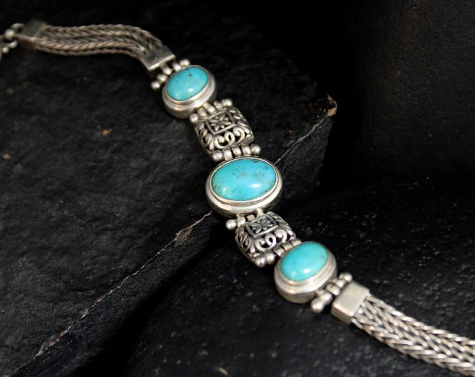 Vintage Sterling Silver Blue Stone Wheat Chain Bracelet, VTG 925 Southwestern Blue Gem Cabochon Unique Toggle Clasp Bracelet, 8.25 inches