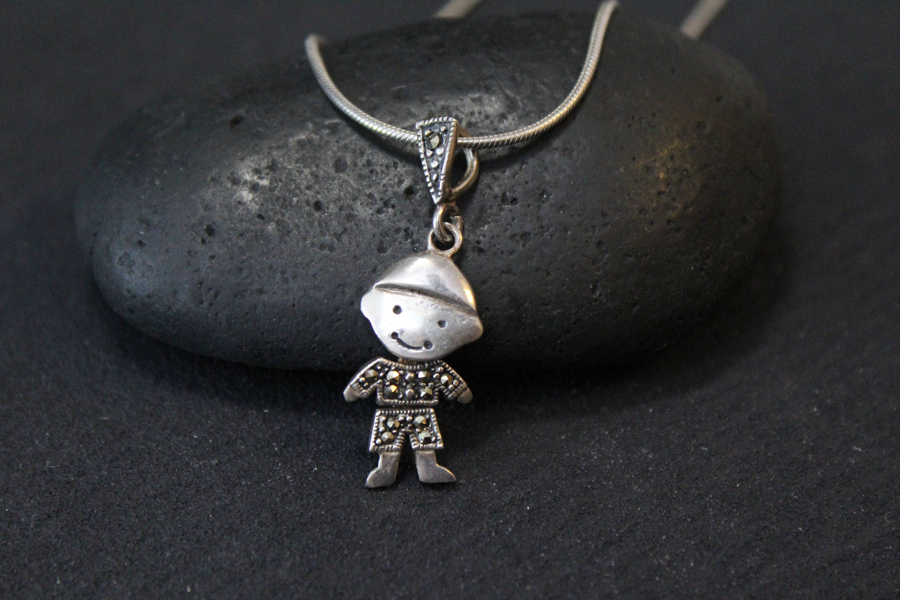 Sterling Marcasite Kid Boy Necklace, Mom Jewelry, Little Boy Necklace