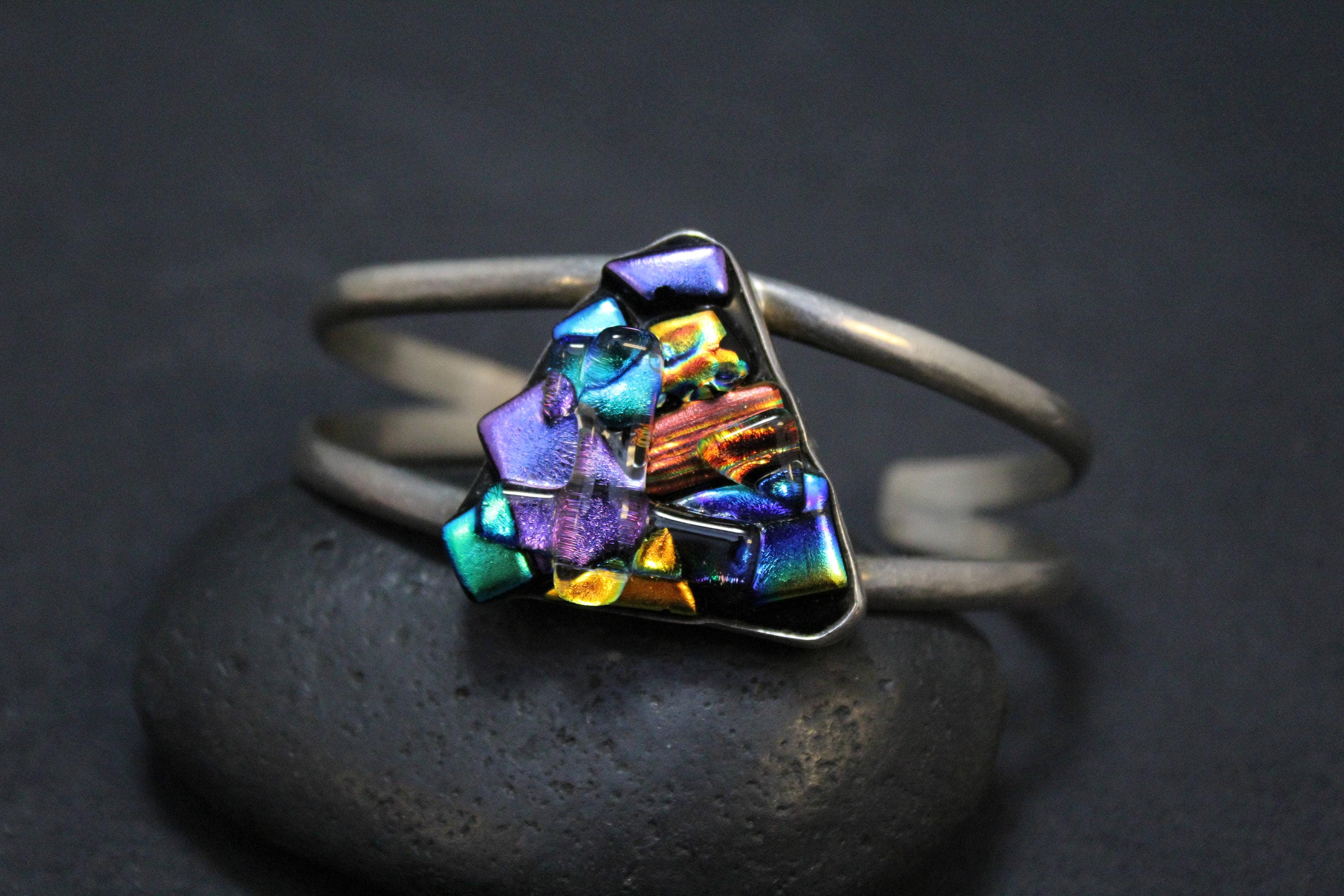 Sterling Silver Art Glass Cuff Bracelet, Dichroic Glass Jewelry ...