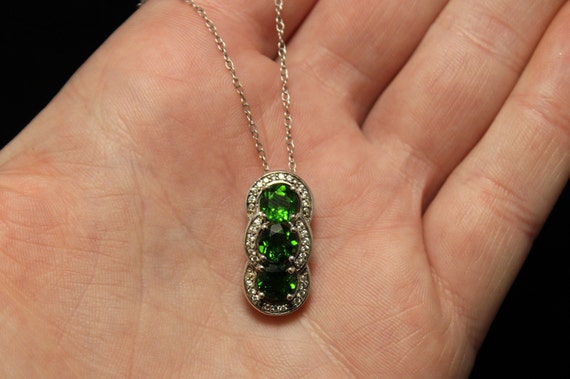 Sterling Silver Three Stone Green CZ Pendant With… - image 7