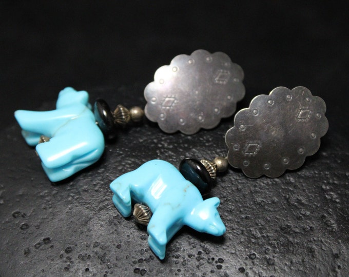 Vintage Sterling Silver Signed Designer Carolyn Pollack Carved Turquoise Bear And Onyx Earrings, Southwest Turquoise, Sterling Bear Jewelry