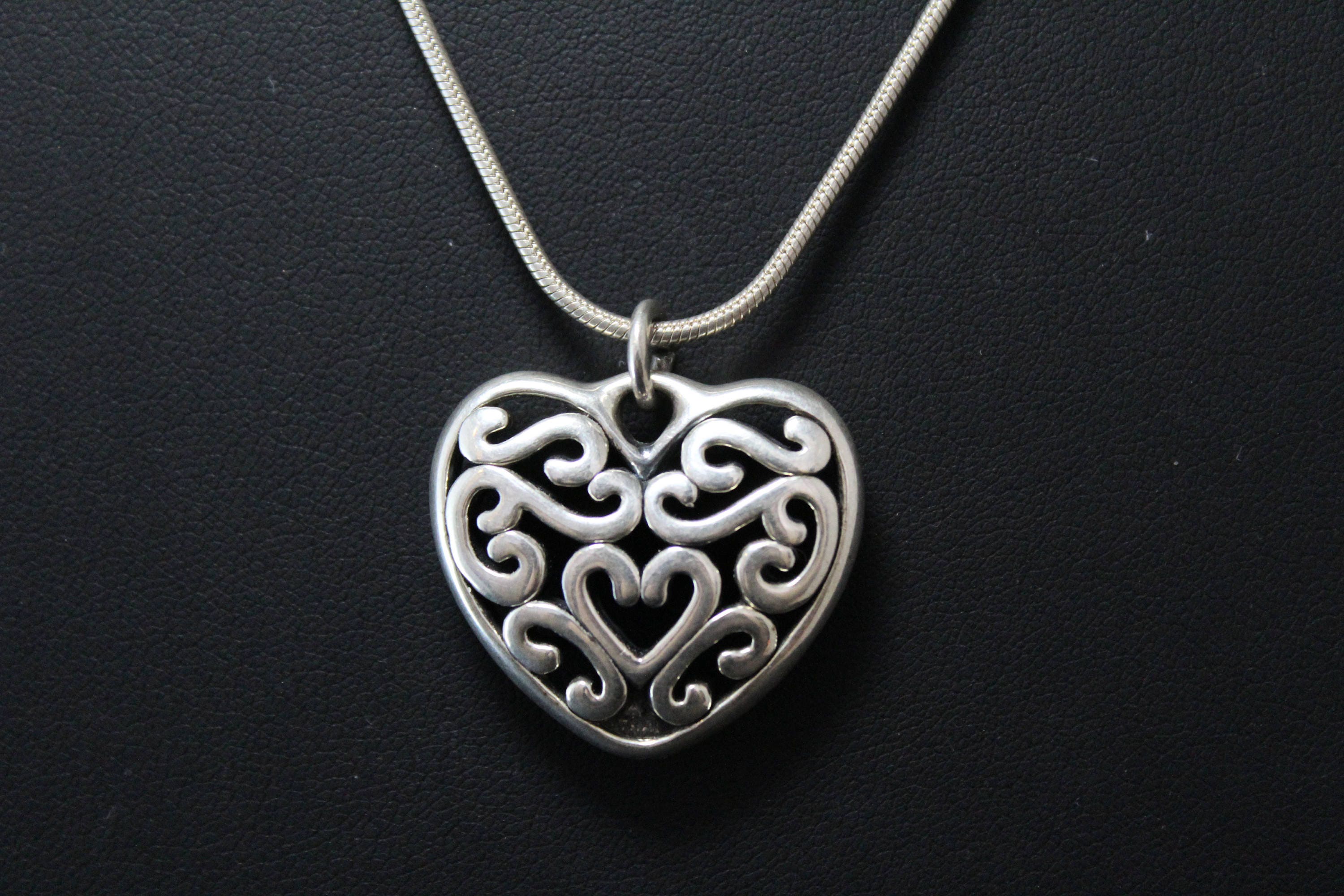 Sterling Silver Filigree Heart Pendant on Long Snake Chain, Sterling