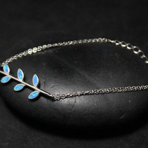 Sterling Silver Dainty Opal Leaf Chain Bracelet With Chain Extender, Sterling Opal Bracelet, Opal Jewelry, October Birthstone, Blue Opal