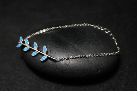 Sterling Silver Dainty Opal Leaf Chain Bracelet W… - image 1