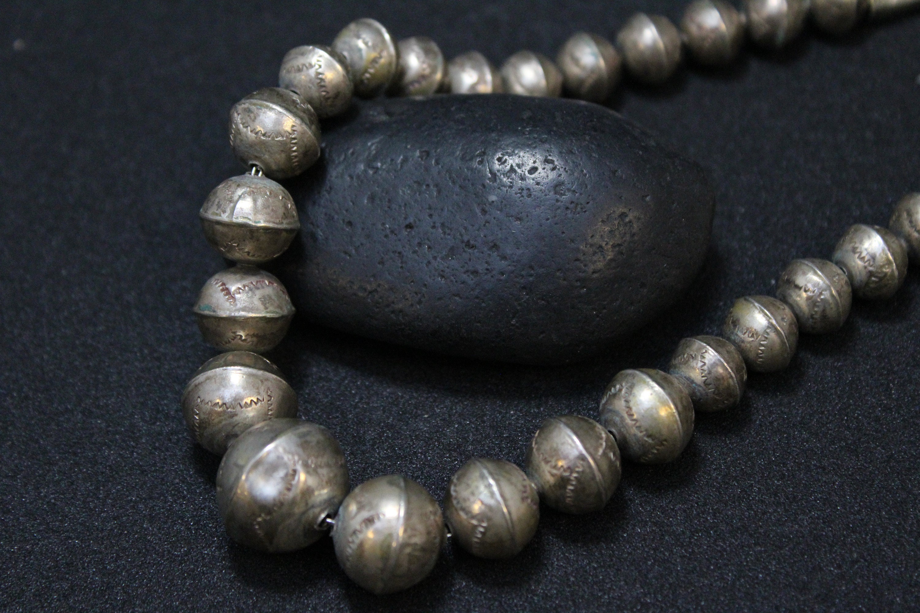 Sterling Silver Native American Graduated Stamped Bead Necklace, Old