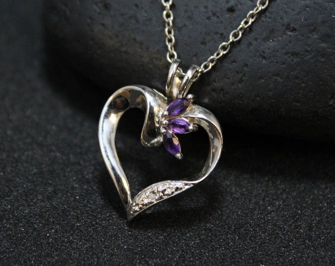 Sterling Silver Amethyst Open Heart Necklace, Open Heart Jewelry, Sterling Silver Heart Necklace, Gemstone Open Heart Necklace