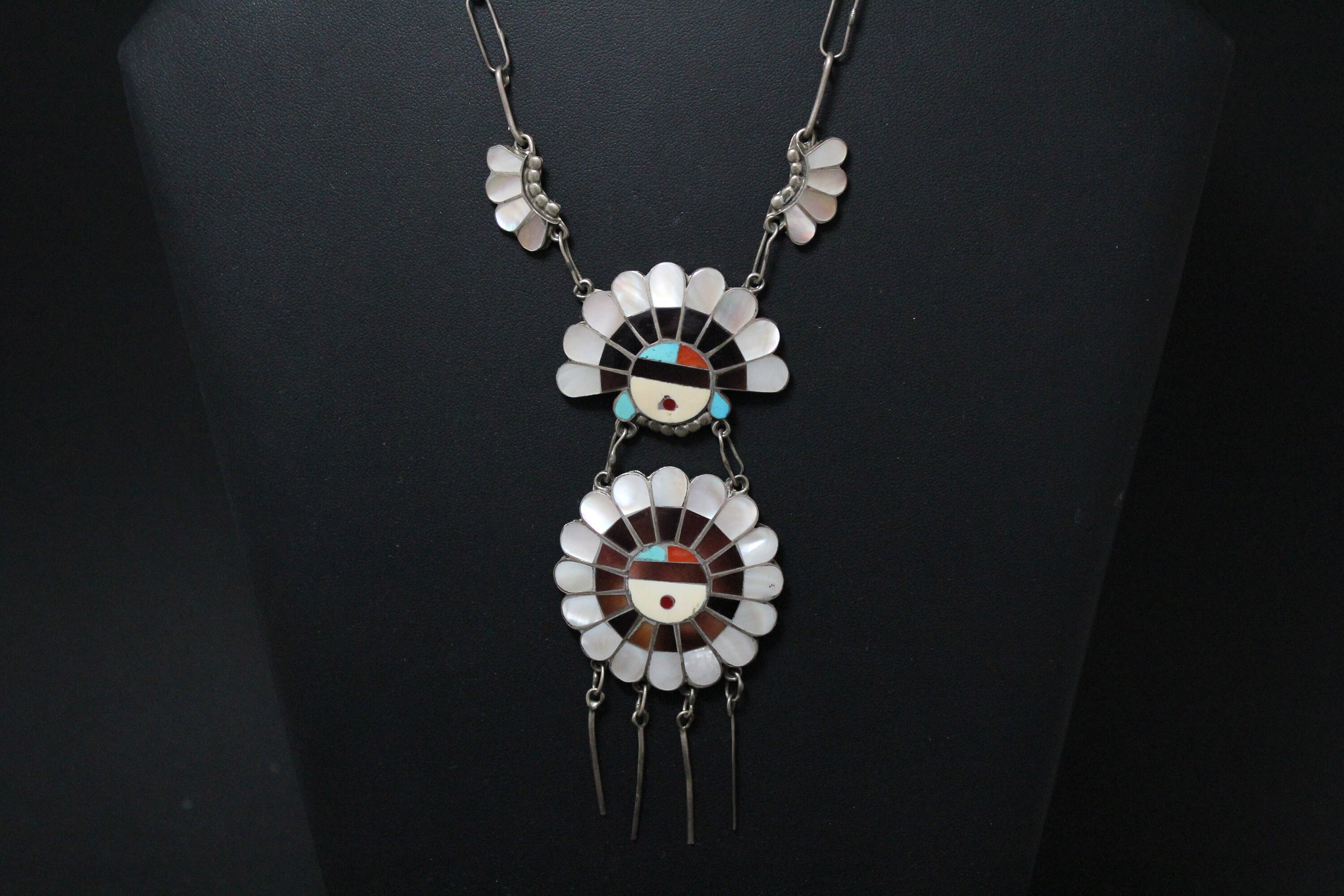 Sterling Silver Old Pawn Zuni Inlay Sun God Necklace, Old Pawn Zuni