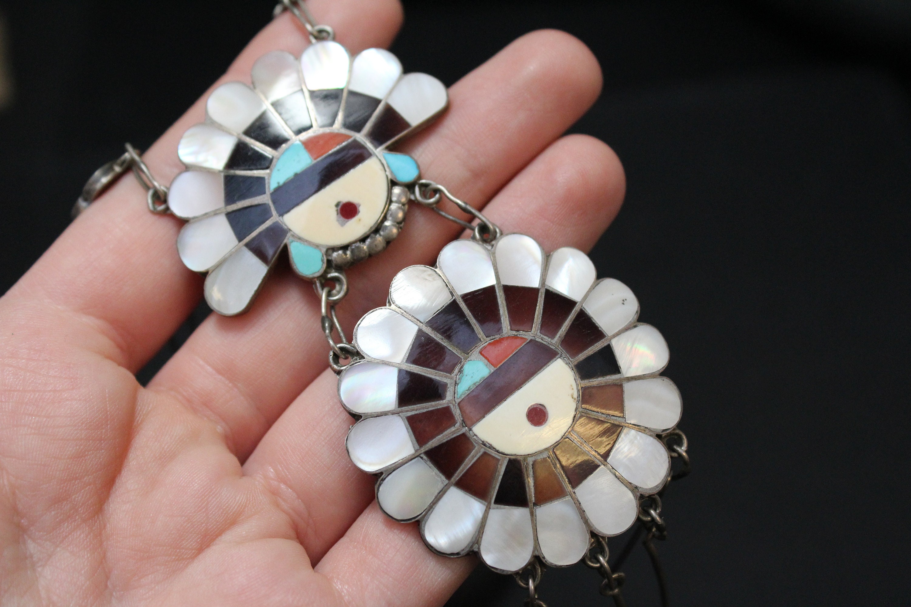 Sterling Silver Old Pawn Zuni Inlay Sun God Necklace, Old Pawn Zuni