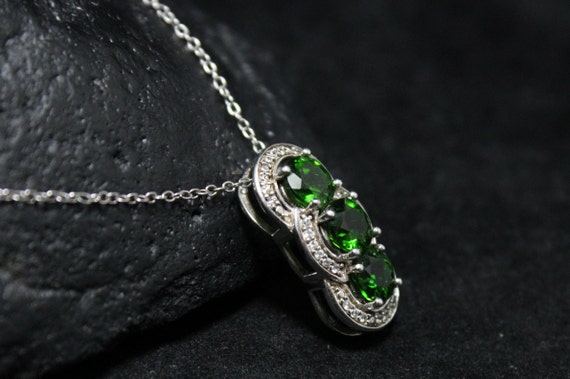Sterling Silver Three Stone Green CZ Pendant With… - image 2