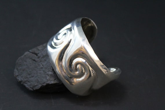 Sterling Silver Wide Taxco Mexican Swirl Cuff Bracelet