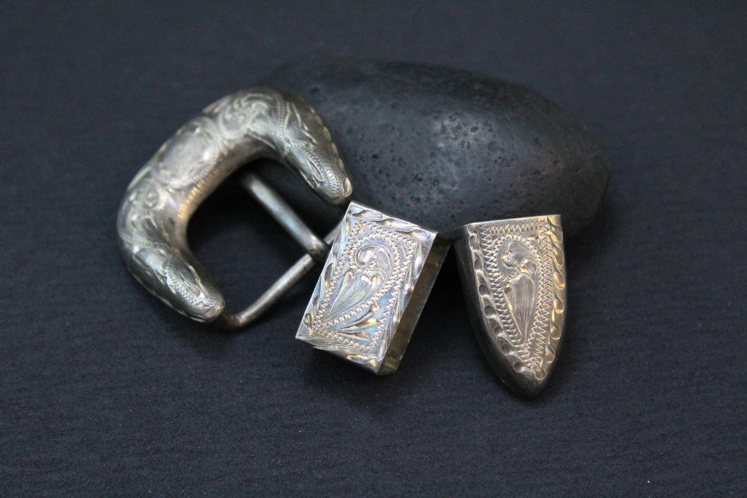 Sterling Silver Tooled Belt Buckle Set, Buckle with Loop and End Piece